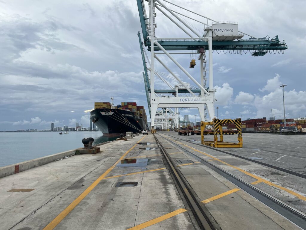 View inside Port of Miami with large Vessel docked