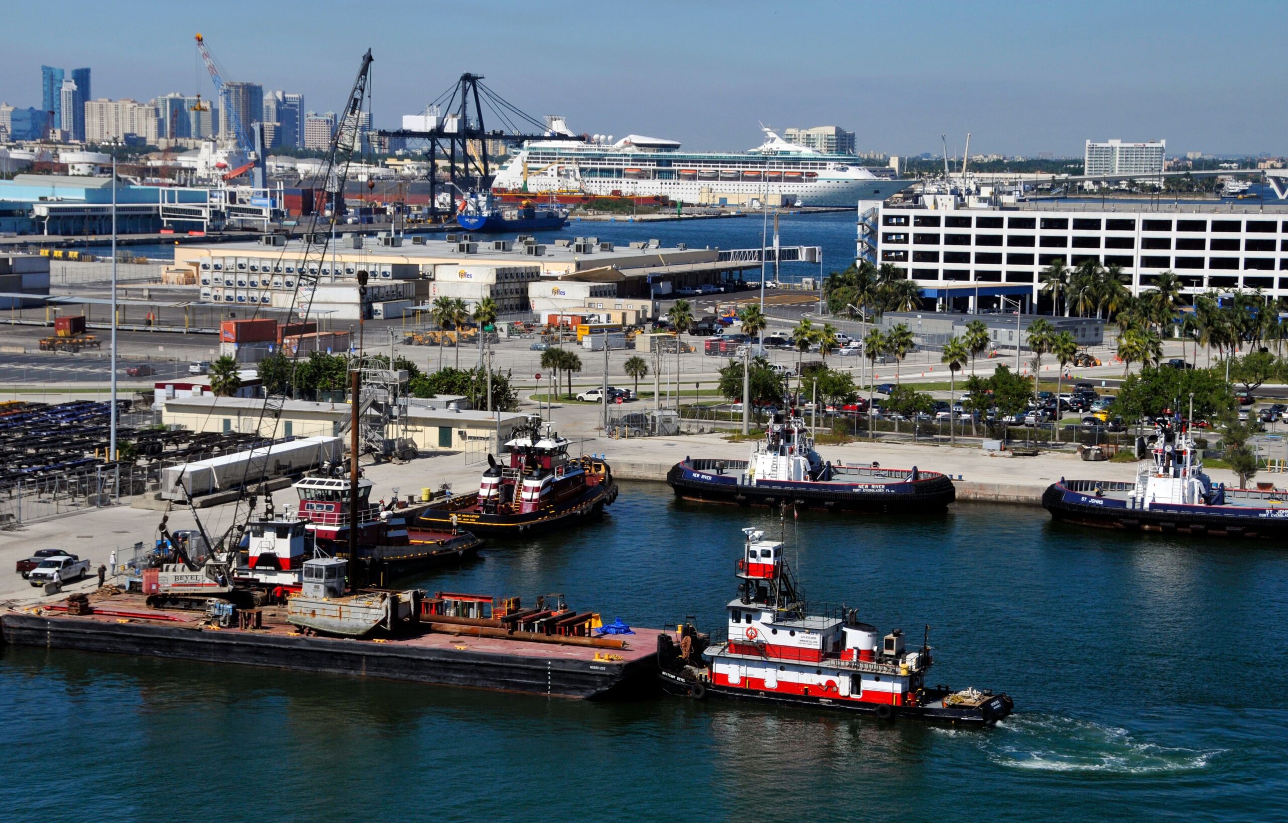 Dockside view of Port Everglades, Florida, featuring ships docked along the waterfront