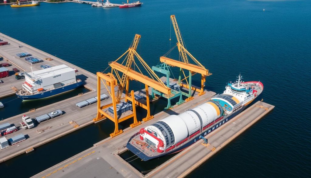 Aerial view of JAXPORT facilities handling renewable energy components in Florida