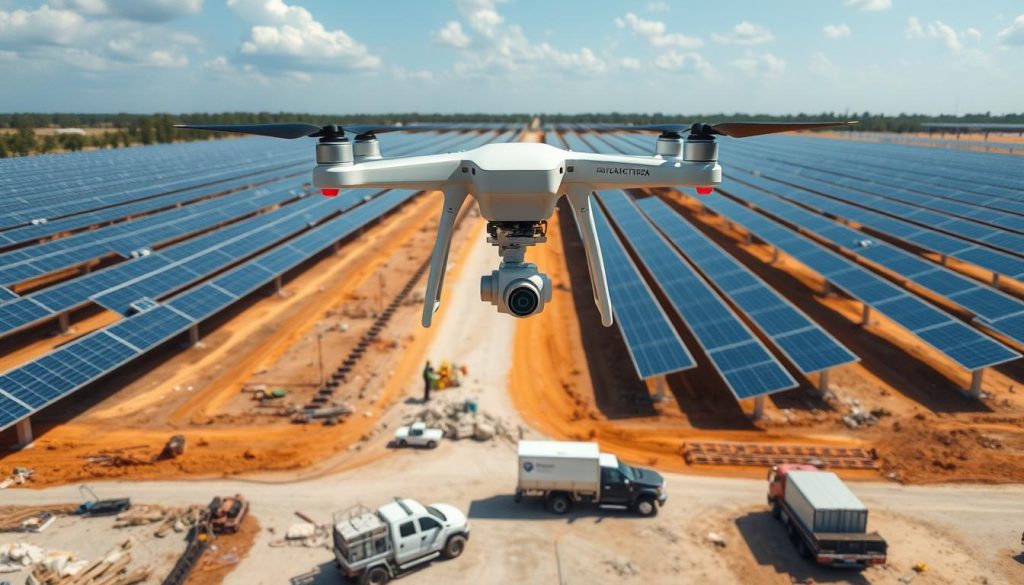 Drone monitoring solar panel installation at a Florida renewable energy site