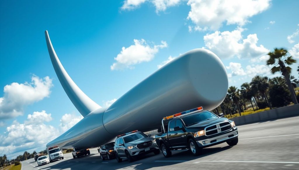 Oversized wind turbine blade being transported on Florida highway with escort vehicles