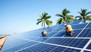 Solar farm installation in Florida with panels being positioned by workers
