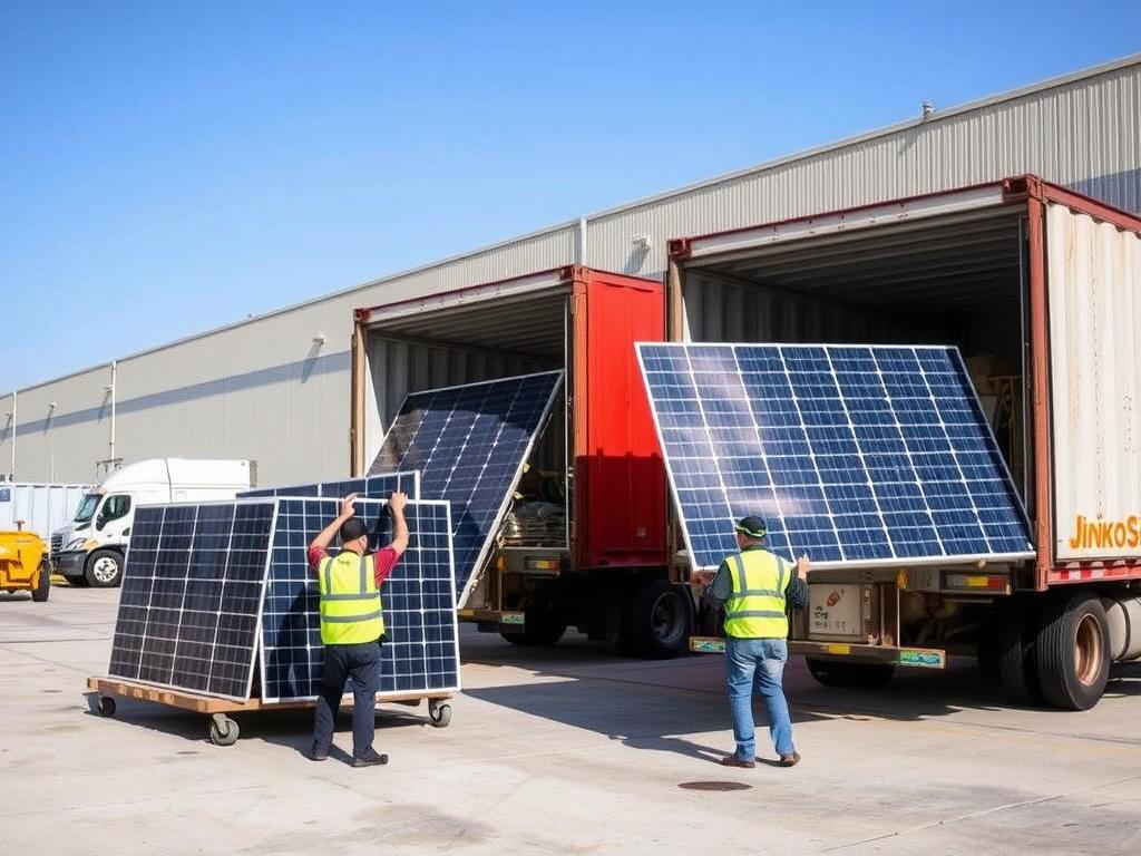 Solar panels manufactured at JinkoSolar's Jacksonville facility being loaded for distribution